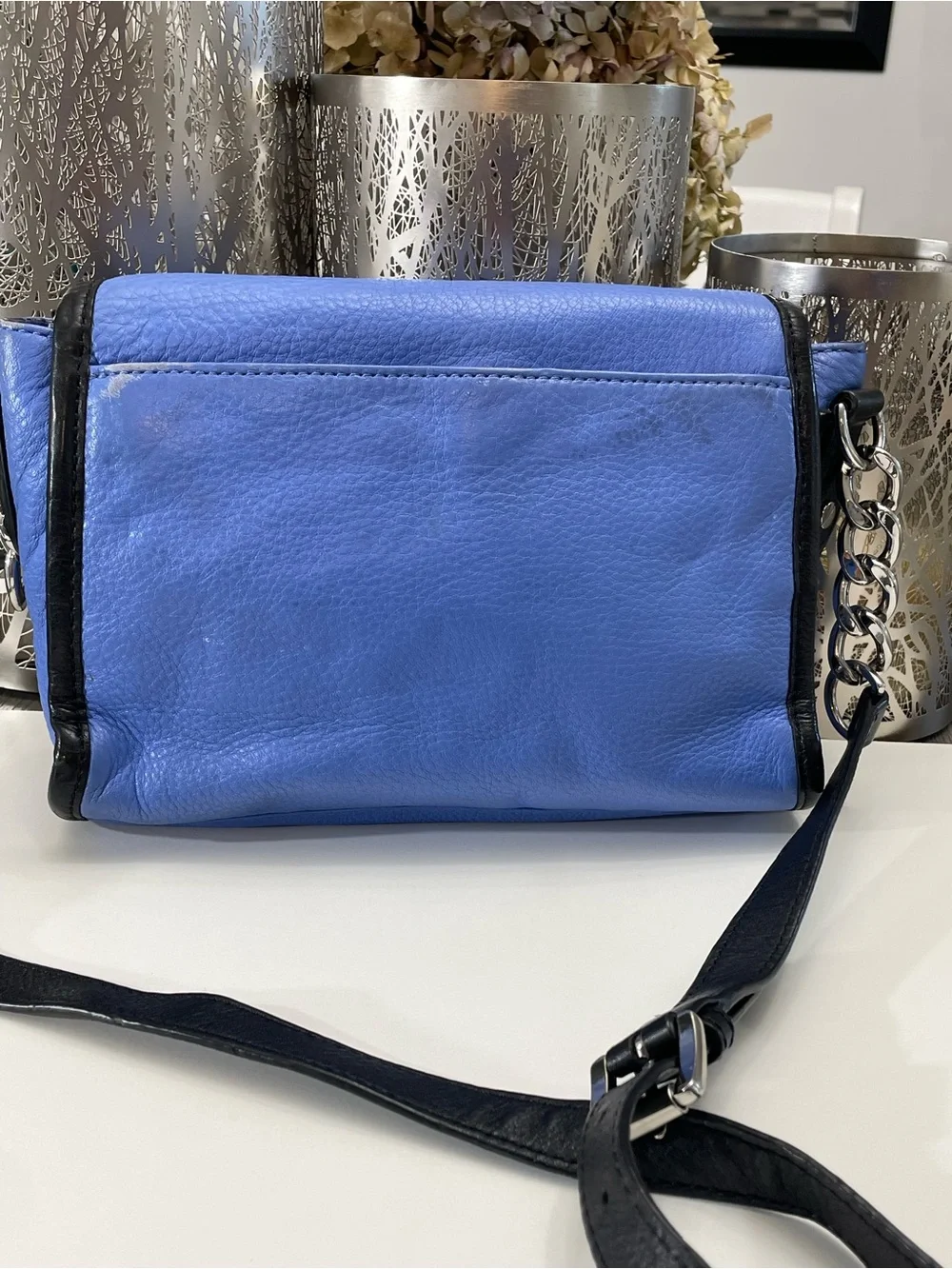 Michael Kors Blue Leather Crossbody Bag MK Logo Flap Chain Strap Shoulder